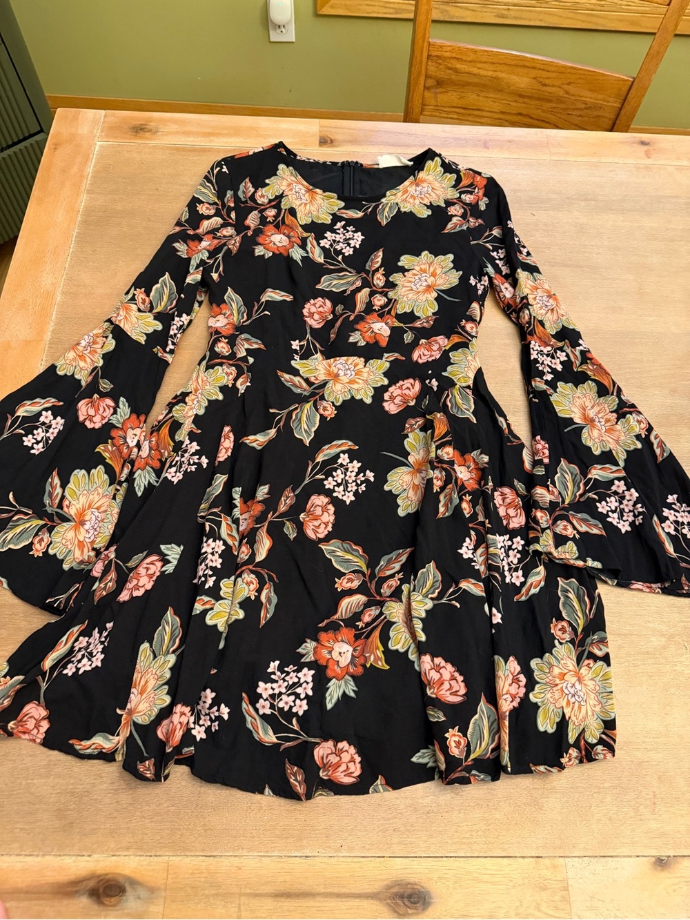 Altar'd State Black Floral Bell-Sleeve Dress with Peach and Yellow Blooms
